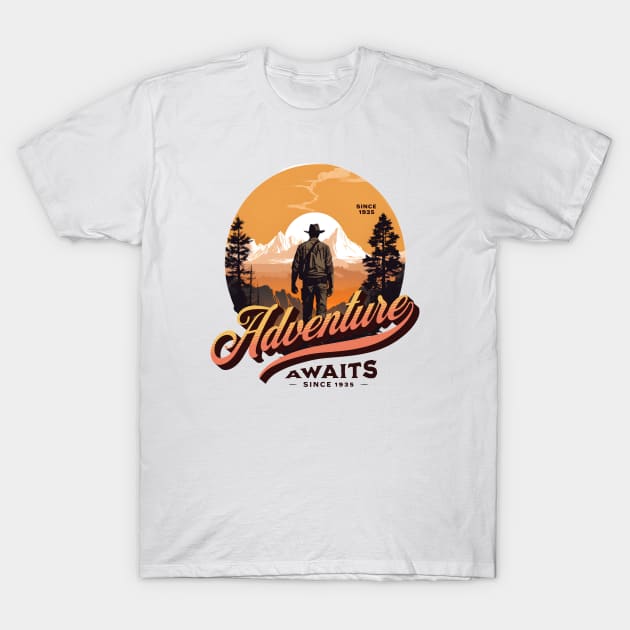 Adventure Awaits - Since 1935 - Sunset - Outdoors, Camping, Hiking, Adventure T-Shirt by Fenay-Designs